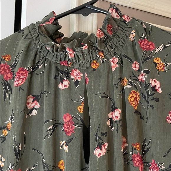 Anthropologie Drew Green Floral Chiffon Smocked High Neck Long Sleeve Dress - Picture 4 of 14